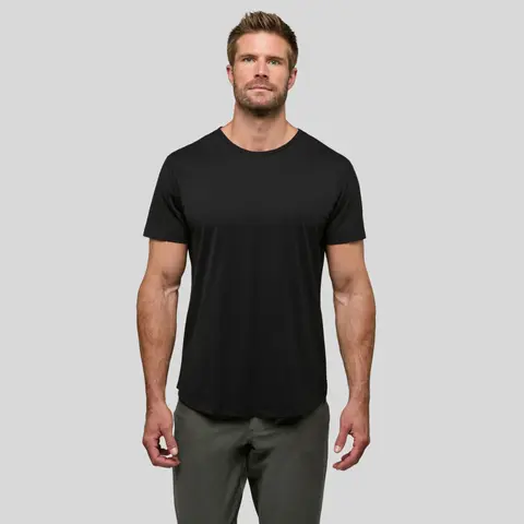 Cuts Men's Tapered Fitted Short-Sleeve Crew Neck AO Curve-Hem T-Shirt - Casual Plain Natural Anti-Odor Polyester-Cotton-Spandex Fabric, Wrinkle-Resistant Stretch Top for Jeans, Office, Men's T Shirts