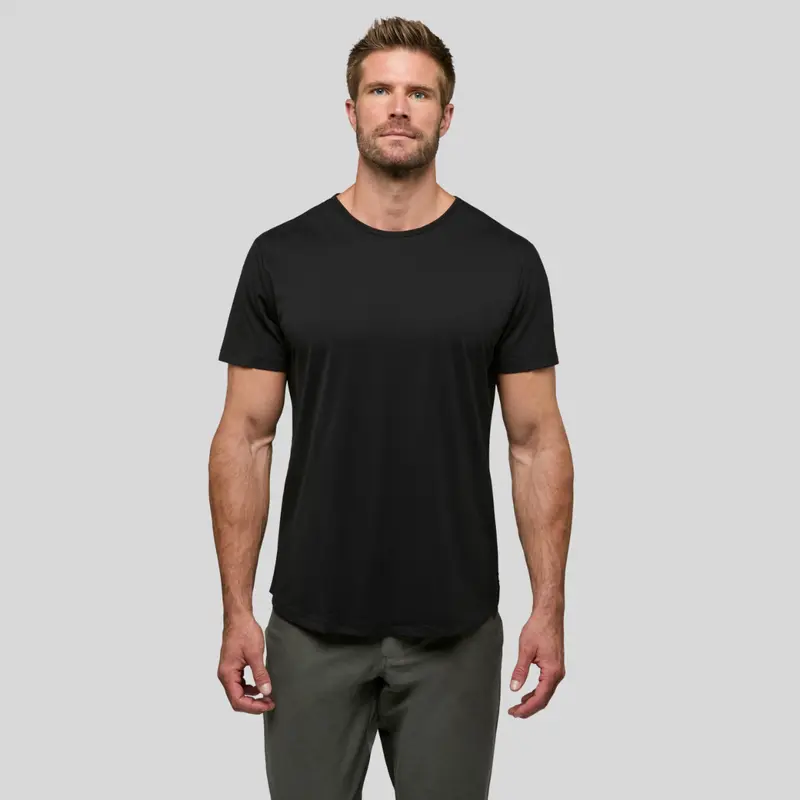 Cuts Men's Tapered Fitted Short-Sleeve Crew Neck AO Curve-Hem T-Shirt - Casual Plain Natural Anti-Odor Polyester-Cotton-Spandex Fabric, Wrinkle-Resistant Stretch Top for Jeans, Office, Men's T Shirts