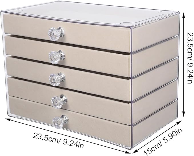 5 Drawer Acrylic Jewelry Organizer Box Clear Velvet Lined Storage Case with Removable Dividers Tangle Free for Earrings Necklaces Rings Bracelets Vanity Display Box for Women with Cleaning Cloth