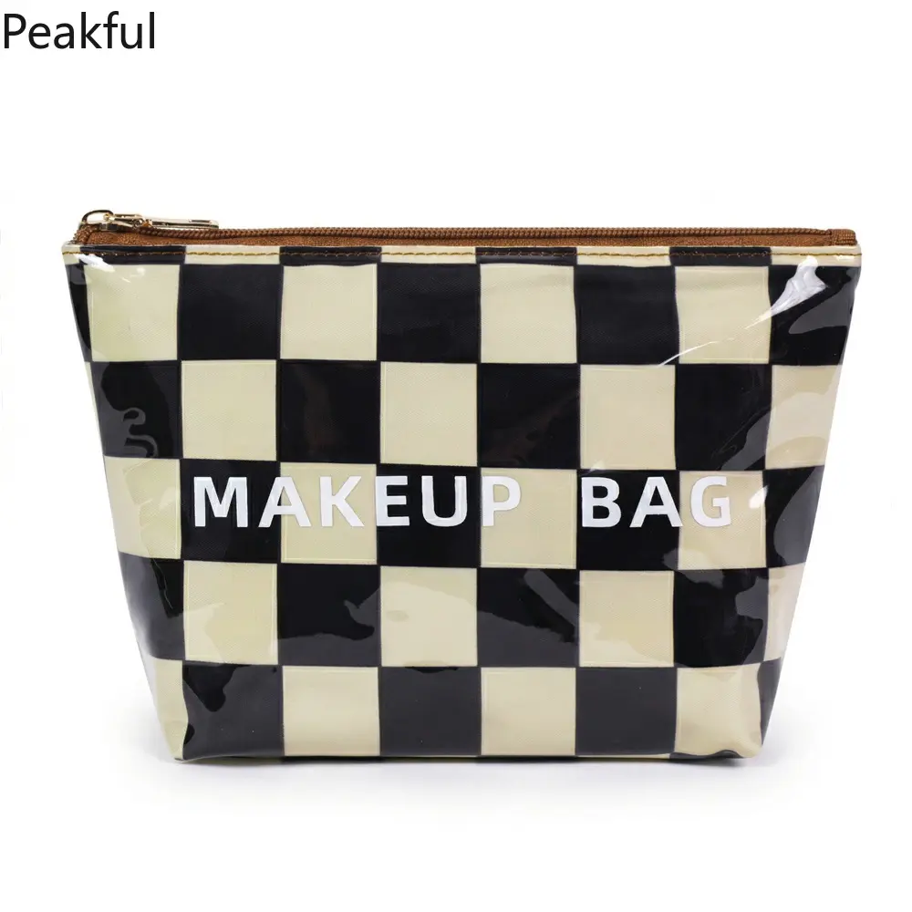 Viral Checkerboard Print Cosmetic Bag, Retro Plaid Glossy PVC Makeup Pouch, Portable Waterproof Toiletry Organizer, spacious interior & durable zipper closure, ideal for vacation packing, gym essentials, dorm use and daily beauty routine organization