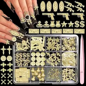 120Pcs 3D Gold Nail Charms, 12Styles Alloy Dollar Gun Coin Nail Art Charms, Golden Punk Star Cross Virgin Mary Charms for Nails, Mix Nail Jewelry Rhinestones for Nails Design Manicure Crafts