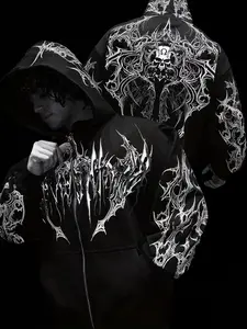 Men's Printed Hooded Sweatshirt, Graphic Hoodie, Winter Sportswear, Casual Kangaroo Pocket, Warm Lined Pullover, Full Zipper, Print, Fall & Winter Fashion