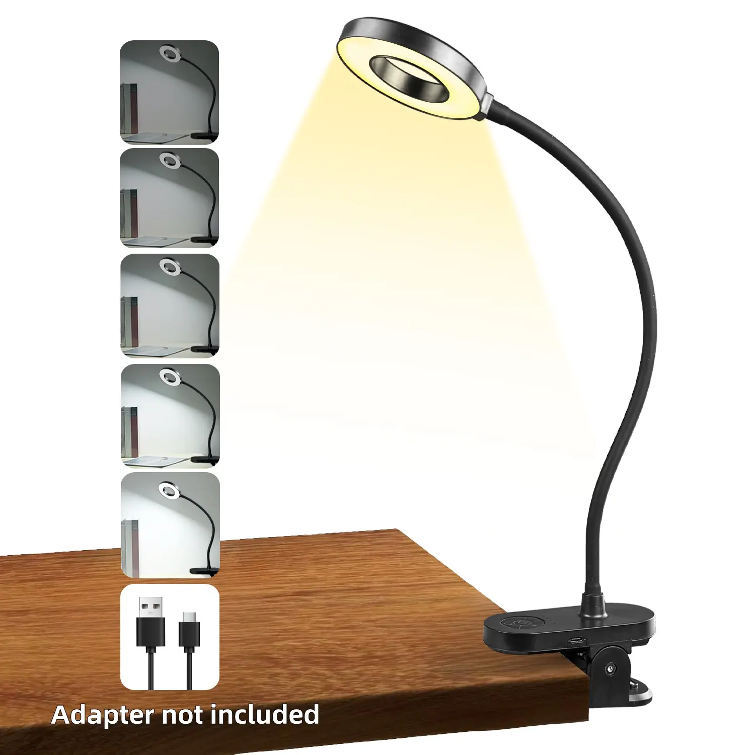 Adjustable LED Desk Lamp Clip-On - Gooseneck Reading Light for Studying, Reading, and Indoor Use, Rechargeable Battery, Study Lighting | Modern Desk Lamp | Adjustable Color Temperature, Lighting Modes Adjustable, Desk Lamp, Dimmable Desk Light