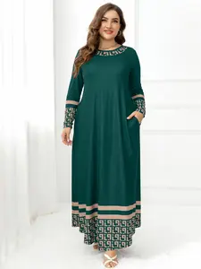 Plus Size Women's Long Sleeve Dress with Pockets, Pure Color Geometric Print Casual Loose Fit, Perfect for Parties, Vacation, Daily Wear