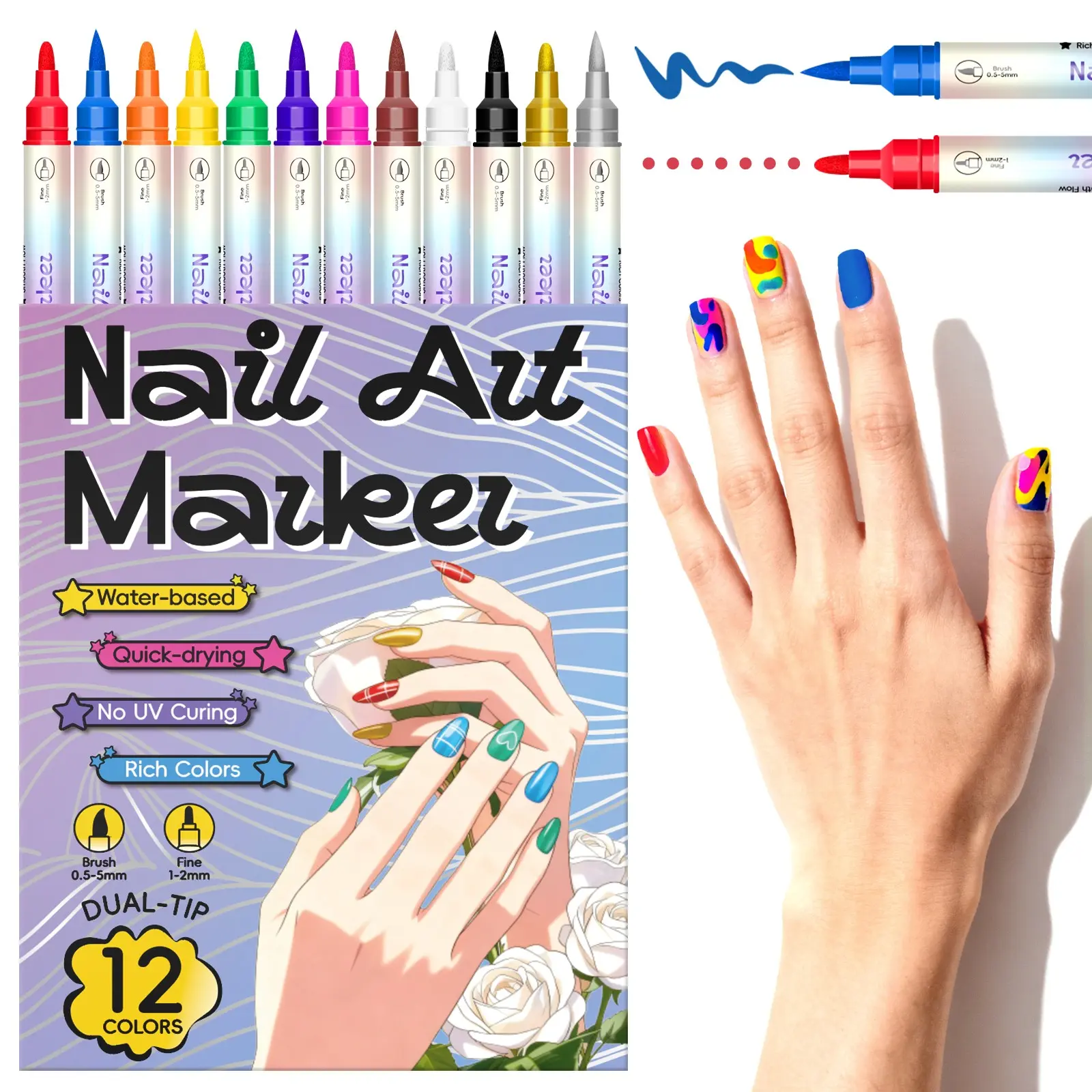 12 Color/24 Color Dual-Ended Nail Art Markers, DIY Nail Art Tools, Manicure, Smooth Application, Perfect Gift for Women, Home & Salon Use, Artistic Nail Designs