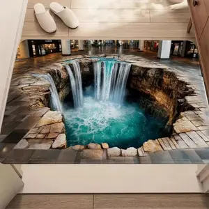 2D Illusion Indoor Waterfall & Pool Flannel Decorative Area Rug - Oversized Soft Plush Mat for Mall & Living Room, Non-Slip Optical Illusion Home Decor #2DIllusionRug #OpticalIllusionDecor #LivingRoomCarpet #FlannelMat #NonSlipRug