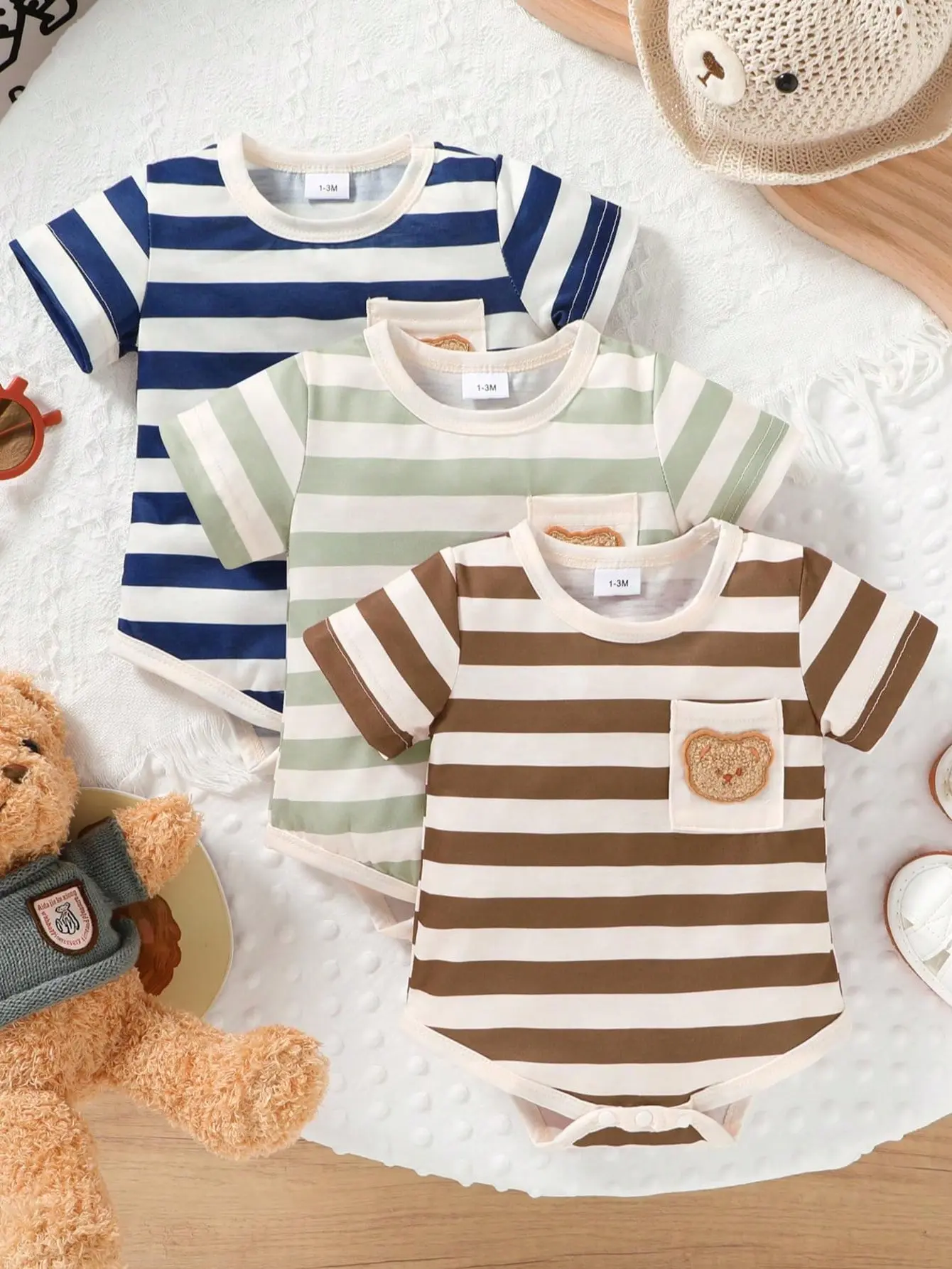3pcs, Cute Baby Boy Clothes, Casual, Stylish, Comfortable, Cute Bear Embroidered Patch Pocket Striped Color-blocked Bodysuit, Baby Stuff, Newborn Baby Boy Clothes, Suitable Summer For Everyday Wear, Outdoor Activities, Photograph, Vacations, Parties