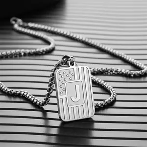 American Flag A-Z Letter Square Plaque Pendant Necklace with Caps for Men and Women Exquisite Gifts
