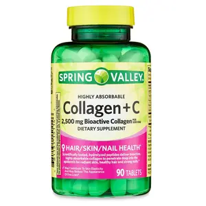 Spring Valley Highly Absorbable Collagen + C Tablets for Hair, Skin, and Nail Health - 2,500 mg, 90 Count, Edible Supplement