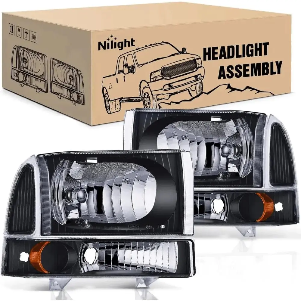 Nilight Waterproof 12V Headlight Assembly for 1999-2004 Ford F250 F350 F450 F550 - Truck Mods, Car Lighting, Easy Install, Fogless, Vehicle-Specific Fit, Black Case, Amber Reflector, No Bulb Included
