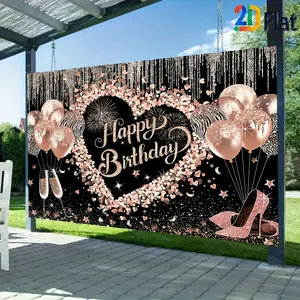 2D Flat Banner Wall Decor 1pc Birthday Party Banner, featuring balloon and congratulatory message designs, made of reusable polyester with digital printing, suitable for birthday parties and girls' celebrations, available in multiple sizes