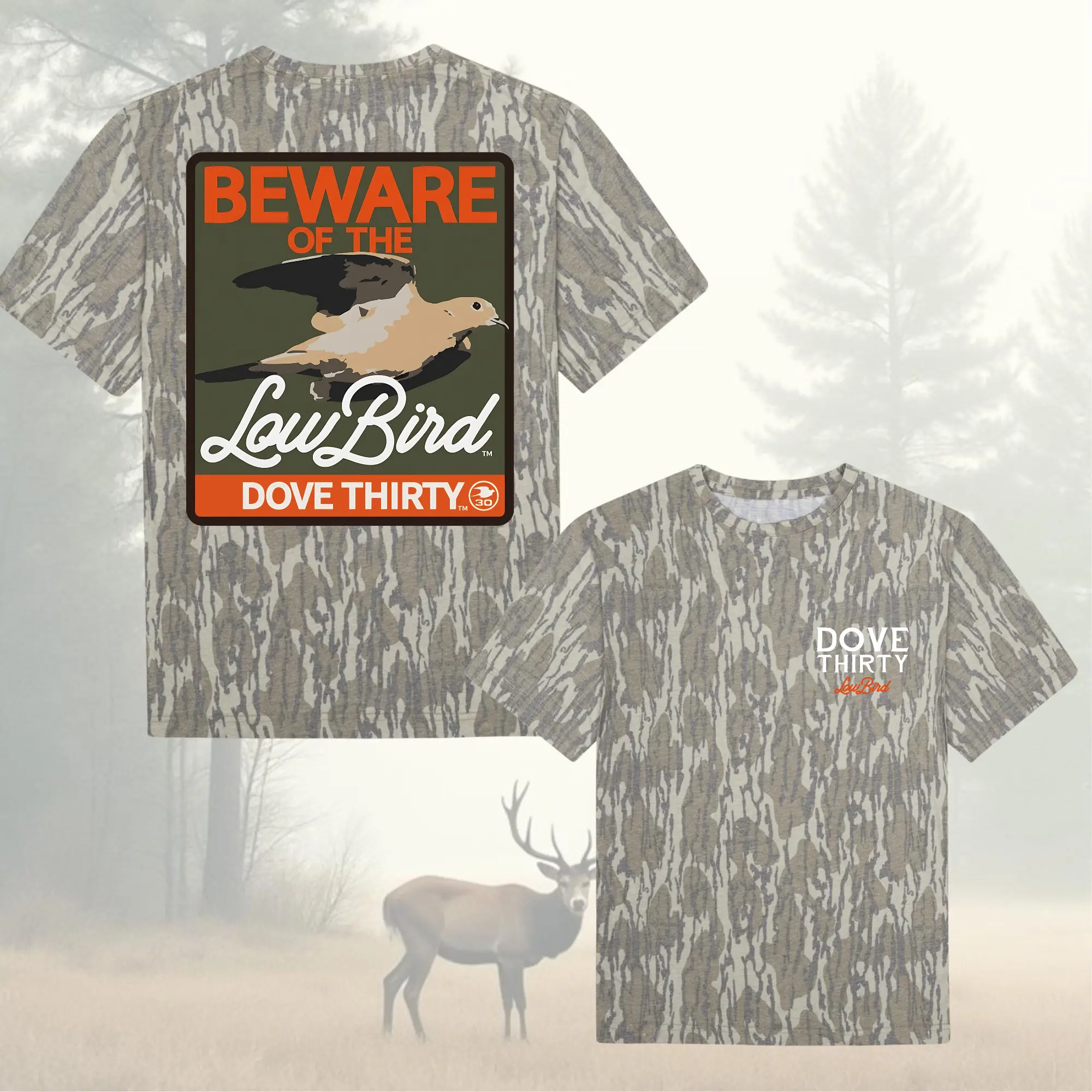 Men's Dove Hunting Camo T-Shirt - "30 Beware of the Low Bird" Graphic, Southern Outdoor Hunter Tee, Front & Back Print