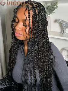 Black Full Lace Front Distressed Knotless Box Braided Wig Curly Ends Goddess Locs Twist Braid Wig Synthetic Natural Look Handmade for Daily & Party #BraidedWig#BoxBraidedWig#KnotlessBraids