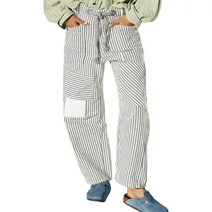 Baggy Barrel Jeans for Women Y2k Striped Drawstring High Waist Straight Wide Leg Boyfriend Jeans Mom Denim Pants