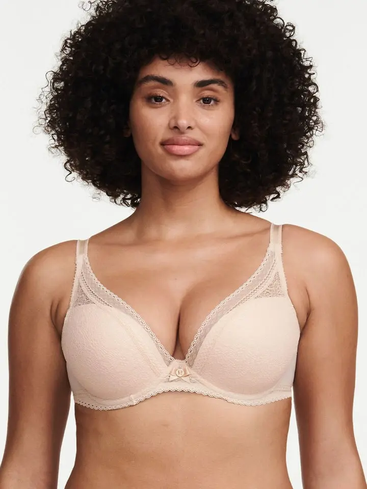 Women's Chantelle Festivite Underwire Contour Plunge Bra - Nude Blush Pink Style, Flat & Covered with Lace Design, Adjustable Straps, Hand Wash, Versatile for Any Outfit, 36G, Centered Plunge, Deep V Neck, Lacy, Lightly Lined, Flat Lace Design, Matching O