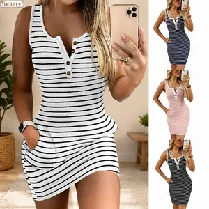 Yodutry|Women’S Striped Ribbed Bodycon Dress Sleeveless Henley Neck Tank Dress Button Front Pocket Mini Dress Casual Summer Fitted Striped Dress Rib Knit Stretchy Bodycon Dress Sleeveless Pocket Detail Sundress Form-Fitting Striped Casual Dress
