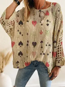 Spring Summer Women's Knit Top, One Shoulder Hollow Out Batwing Sleeve, Colorblock Heart Print Long Sleeve, Casual Elegant Commuter Wear