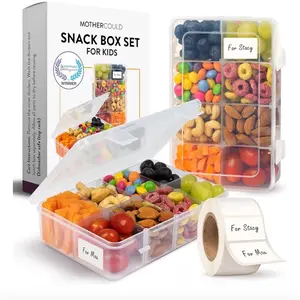 Mothercould Snack Box Set for Kids (2 Pack total of 4 boxes)- 8 Compartments, Reusable Snack Solution with 100 Dissolvable Labels | Easy to Clean, Dishwasher Safe, BPA-Free, Food Grade, Durable and Secure Design