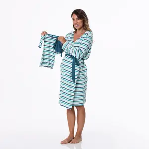 Women's Print Mid Length Lounge Robe & Layette Gown Set in Cruisin' Stripe