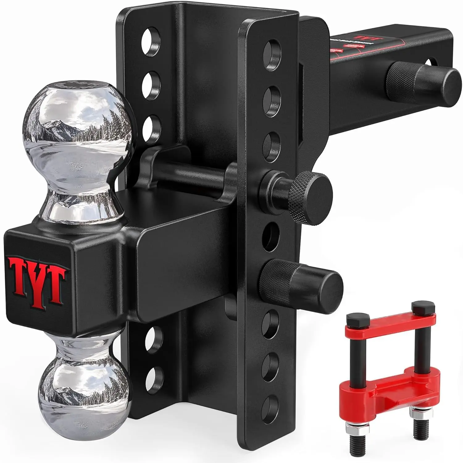 TYT Adjustable Truck Double Hitch for 2 inch Receiver, 6" Drop/Rise Tow Hitch with Dual Balls (2" & 2-5/16"), 12,500 lbs GTW, 2,200 lbs Tongue Weight, Includes Two Pin Locks & Hitch Tightener