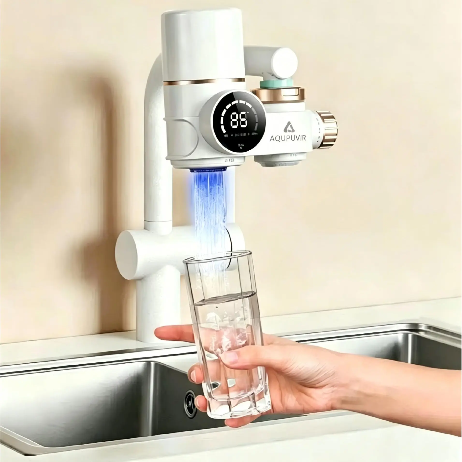 AQUPUVIR Eco-Friendly Countertop Water Purifier - Universal Adapter, LED Display, Temperature-Showing Faucet, Dual-Outlet Filtration, Sink Filter Cartridges, Front Kitchen Filtered Tap, Bathroom Compatible, for Moms, Apartments, Municipal Water Use