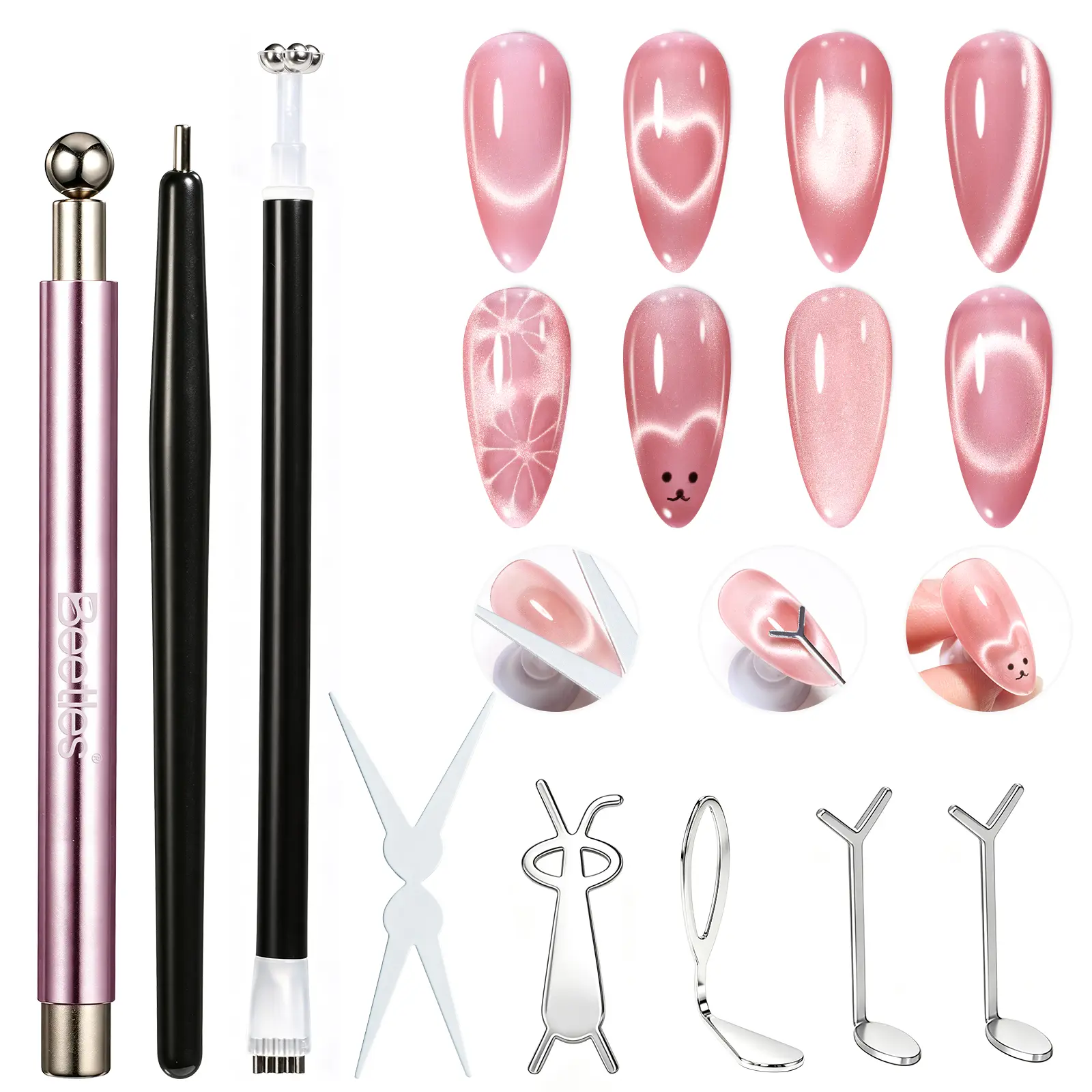 Beetles Cat Eye Magnet Nail Art Tool Set, Magnetic Pen & Glass Bead Magnet for Cat Eye Gel Polish, DIY Nail Art Effects for French Tips, Heart, Stripe, Wide Light, Glass Bead and 3D Magnetic Nails