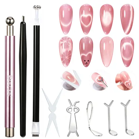 Beetles Cat Eye Magnet Nail Art Tool Set, Magnetic Pen & Glass Bead Magnet for Cat Eye Gel Polish, DIY Nail Art Effects for French Tips, Heart, Stripe, Wide Light, Glass Bead and 3D Magnetic Nails