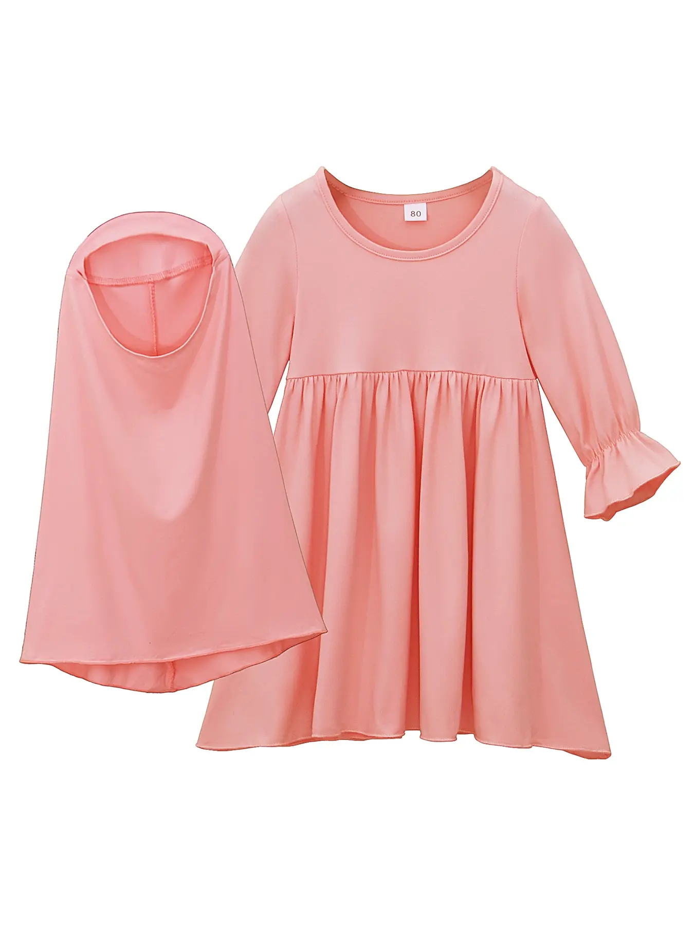 Girls Muslim Skirt Set, Spring & Fall Long Sleeve Dress + Headscarf Two-Piece, Cute Plain Modest Design, Fitted Style, Kids Fashion For Muslim