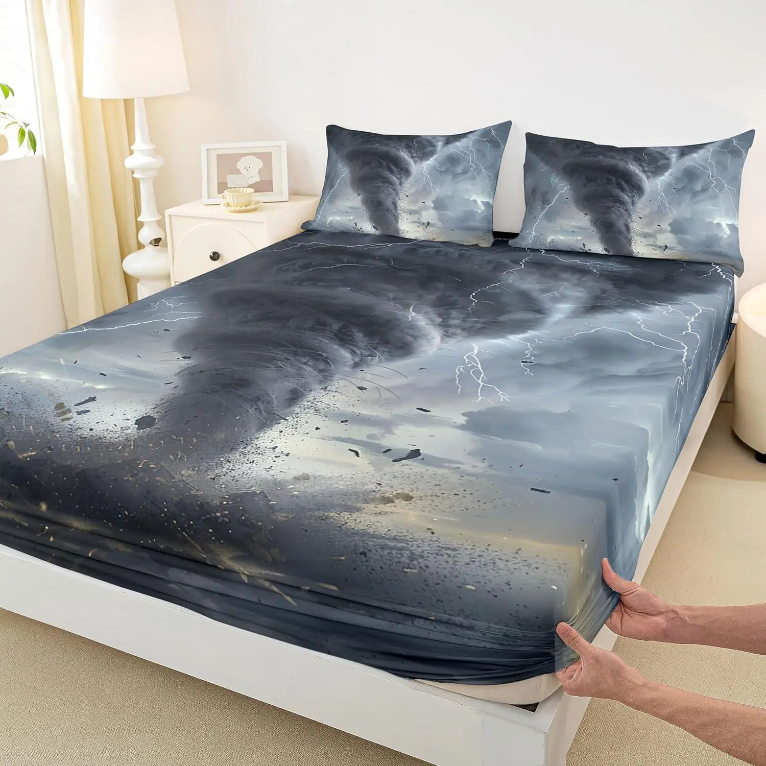3D Tornado Bedding Set,Lightning Bed Set for Kids Bedroom Decor Kids Natural Disaster Fitted Sheet Soft Microfiber Tornado Pattern Bed Cover(1 Fitted Sheet ) No Flat Sheet, Silky Soft Blanket