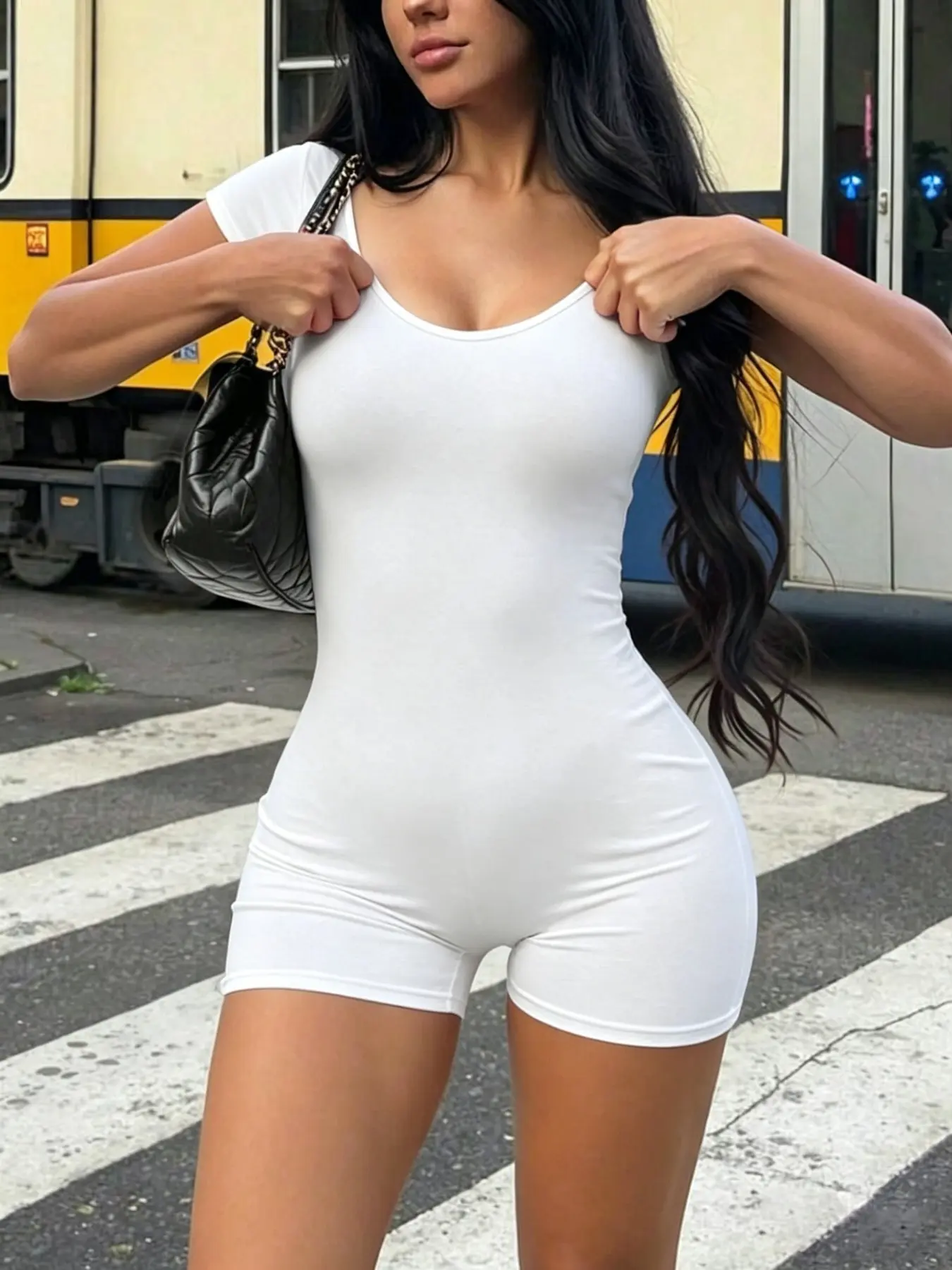 TikTok Viral 2026 Women's Solid Color Short Sleeve Rompers,Scoop Neck Slim Fit Basic Unitard Shorts,Y2K Minimalist Aesthetic Streetwear,Daily Wear, Casual Outings, Street Style, Chic, Womenswear - Summer Outfits for Teen Girls & Young Women
