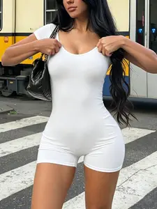 TikTok Viral 2026 Women's Solid Color Short Sleeve Rompers,Scoop Neck Slim Fit Basic Unitard Shorts,Y2K Minimalist Aesthetic Streetwear,Daily Wear, Casual Outings, Street Style, Chic - Summer Outfits for Teen Girls & Young Women