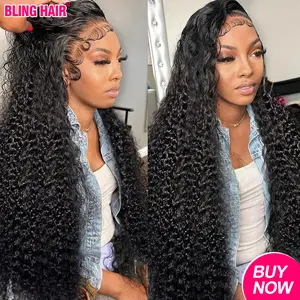 Bling Hair 32inch Kinky Curly Lace Front Wigs Human Hair Pre Plucked 180% Density 13x4 13x6 HD Transparent Lace Frontal Curly Wigs Human Hair Deep Curly Human Hair Wigs For Women Natural Black #SummerVibes