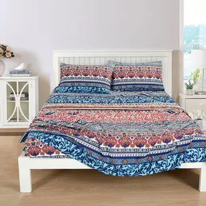 Shore 4-Boho Stripe Sheet - Medallion Floral Navy Blue Orange Red White Bohemian Printed Microfiber 14-Inches Deep Pocket  Pillowcases, Queen Sheet