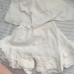 Toddler Girls Clothes Set, Solid Color Sleeveless Boat Neck Cropped Tops + Ruffle Shorts + Bow-knot Headband for Summer