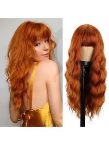 Long Orange Wig with Bangs,Ginger Wavy Wigs for Women,26 Inches Heat Resistant Synthetic Orange Wig For Daily Cosplay Party Use
