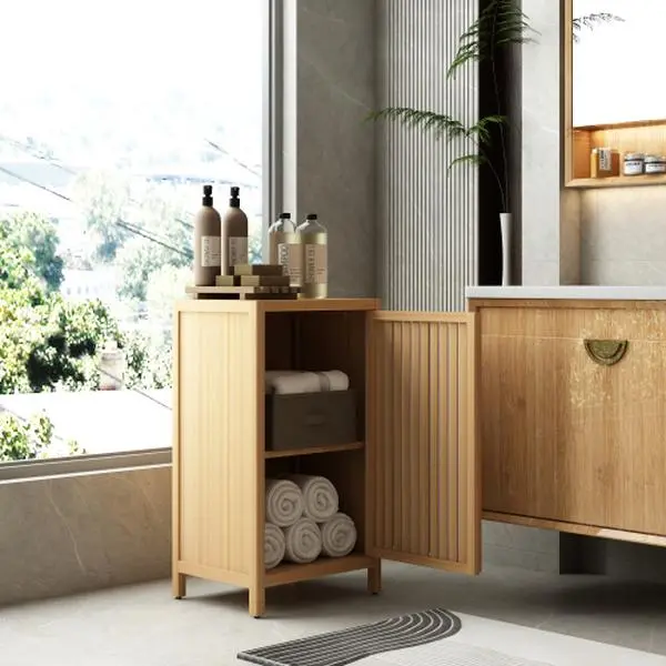 Compact Bamboo Tall Storage Cabinet (33 in) – Eco-Conscious, Natural, Multi-Functional, Indoor, Floor-Mounted Tall Cupboards, Easy Assembly, Space-Saving for Bathroom, Bedroom, Eco-Conscious Tall Cupboards
