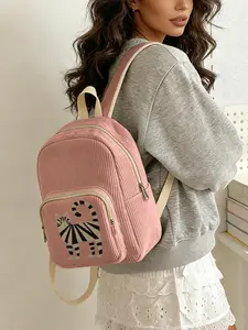 1 piece of pink base striped cat pattern 2D printed lady's backpack, corduroy texture + layered storage + lightweight and easy to carry | perfect for students to go to class/shopping/short trips | combination of atmosphere and practicality