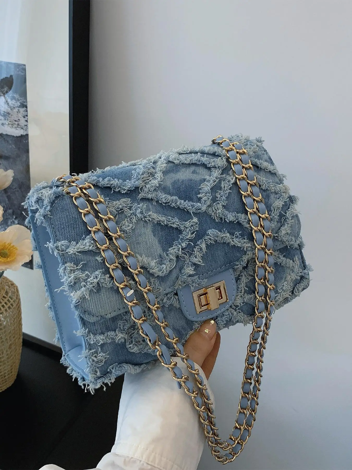 Women's Fashionable Denim Chain Strap Crossbody Bag, Casual Versatile Shoulder Bag for Daily Used, Trendy All-match Commuter Bag
