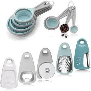 13-Piece Kitchen Gadgets Set - Space Saving Cooking Tools with Cheese Grater, Pizza Cutter, Peeler, Bottle Opener, Garlic Grinder, Collapsible Measuring Cups & Spoons for Small Kitchen, RV, Camping