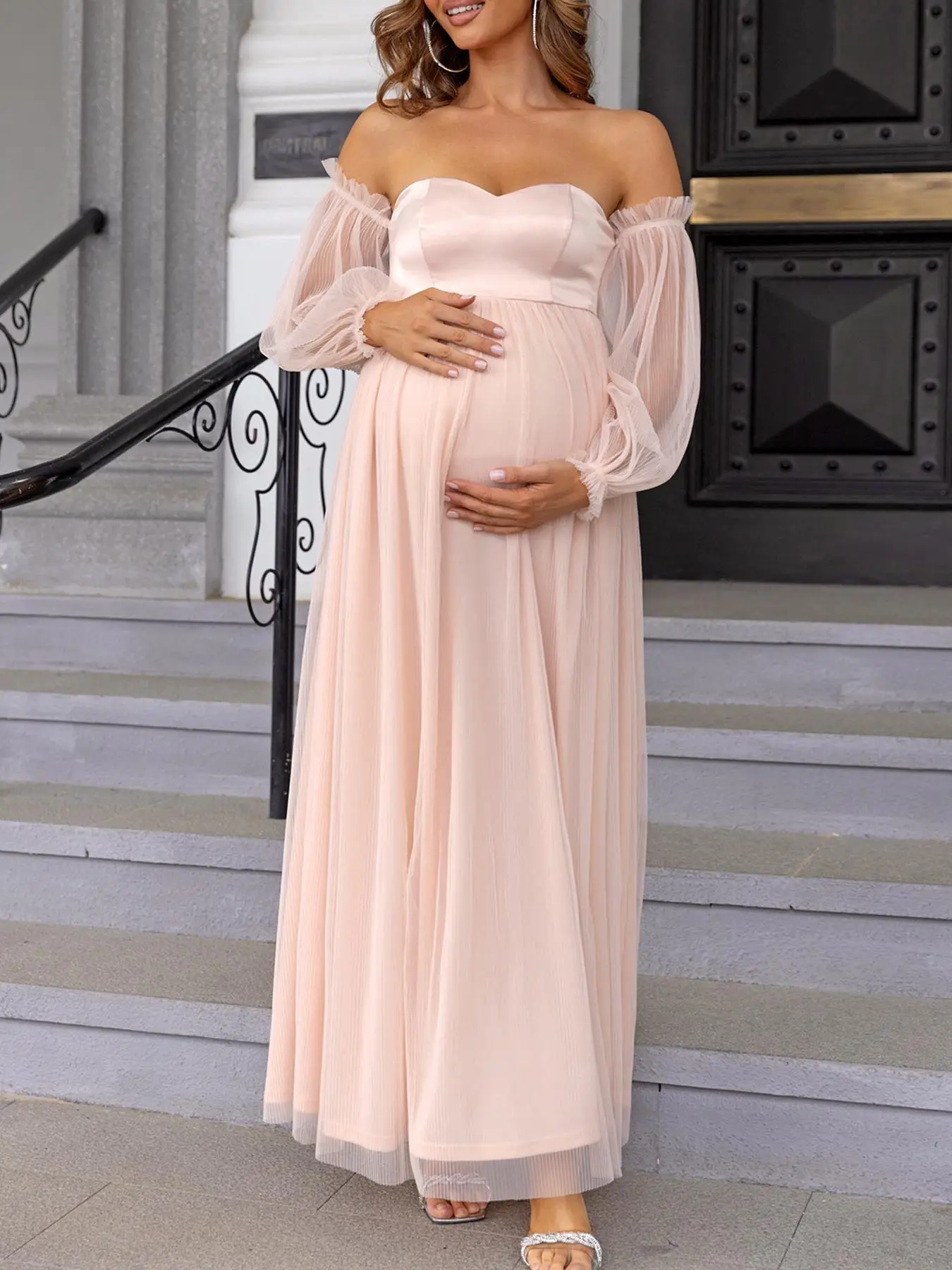 Women's Off The Shoulder Sheer Bishop Sleeve Tulle Maternity Dress, Women's Summer Clothes, Elegant Plain Long Sleeve Long Dress for Party Wedding Gue