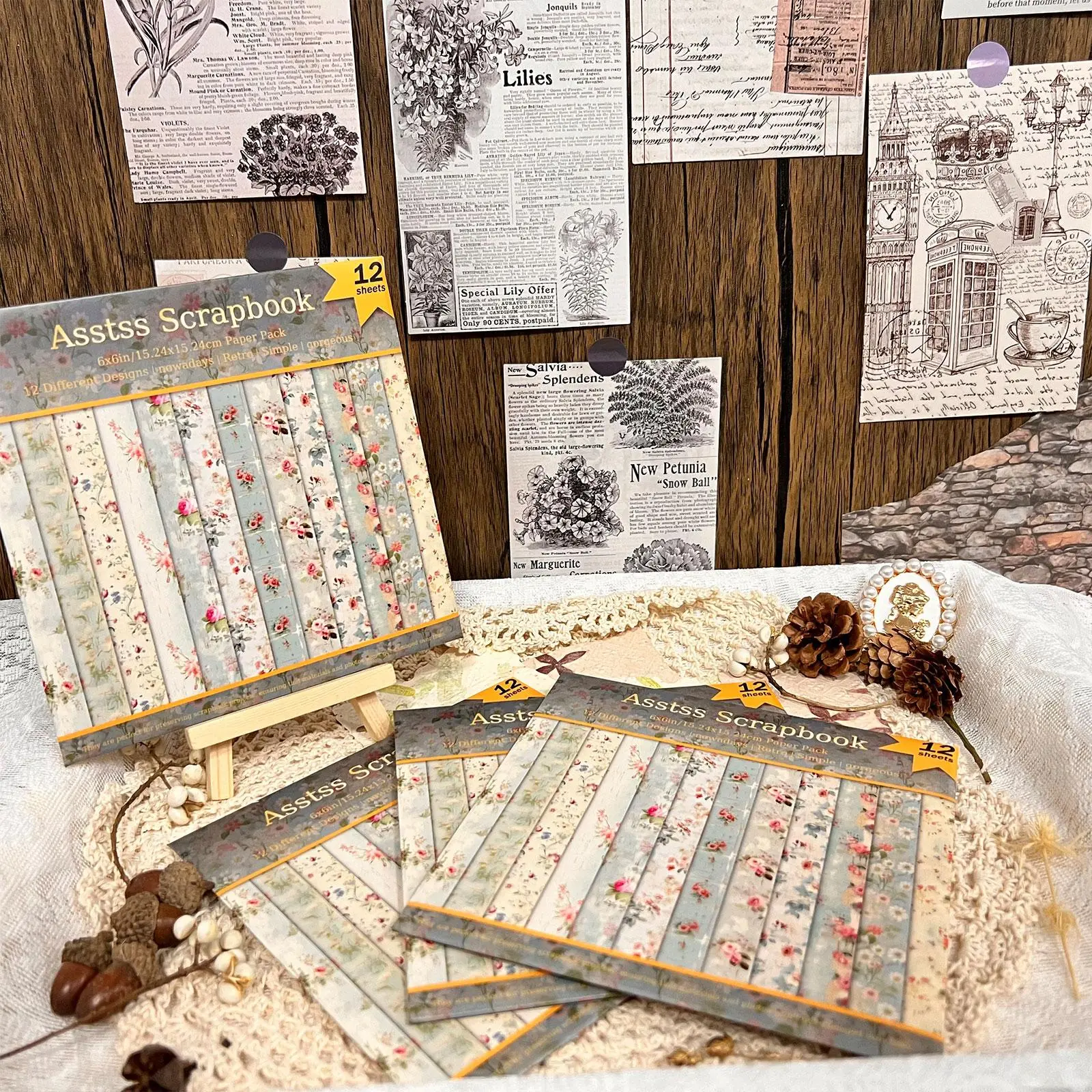 Vintage Creative Floral Pattern Decorative Scrapbooking Paper, 12 Sheets Scrapbooking & Stamping Paper, DIY Scrapbooking Supplies for Scrapbooking & Journal Making