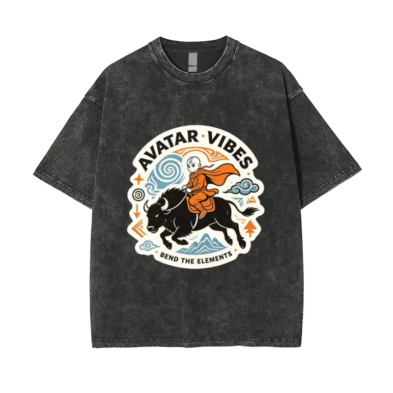 Avatar Vibes Graphic T-Shirt for Men Women, Retro Washed Tee with Cartoon Element Bending Adventure Print, Casual Short Sleeve Streetwear Top