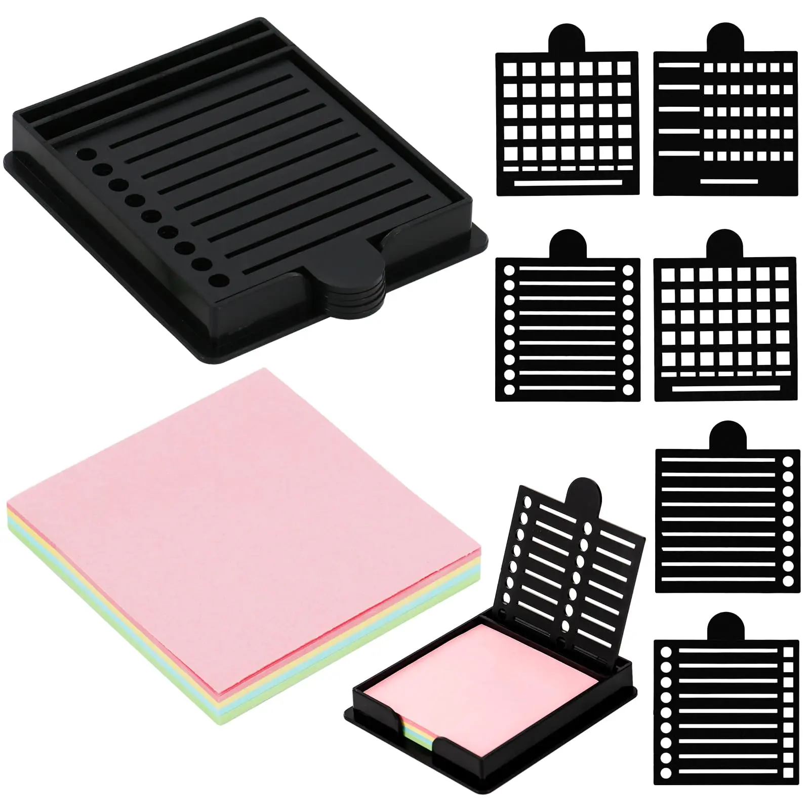 Sticky Note Stencil Holder Set with 5 Templates for 3x3 Inch Post-it Notes, Office Desk Organizer (Black)