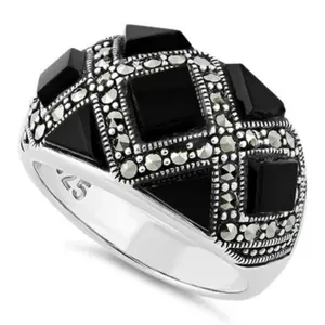Sterling Silver Black Onyx & Marcasite Ring - Timeless Geometric Statement Jewelry