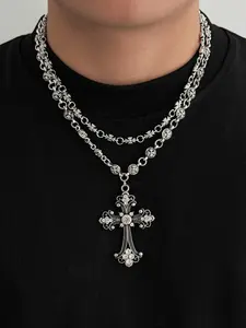 2 Pcs Retro Minimalist Cross Pendant Necklace, Men's Hip Hop Punk Charm Jewelry, All Seasons Plain Style, Alloy Chain Material