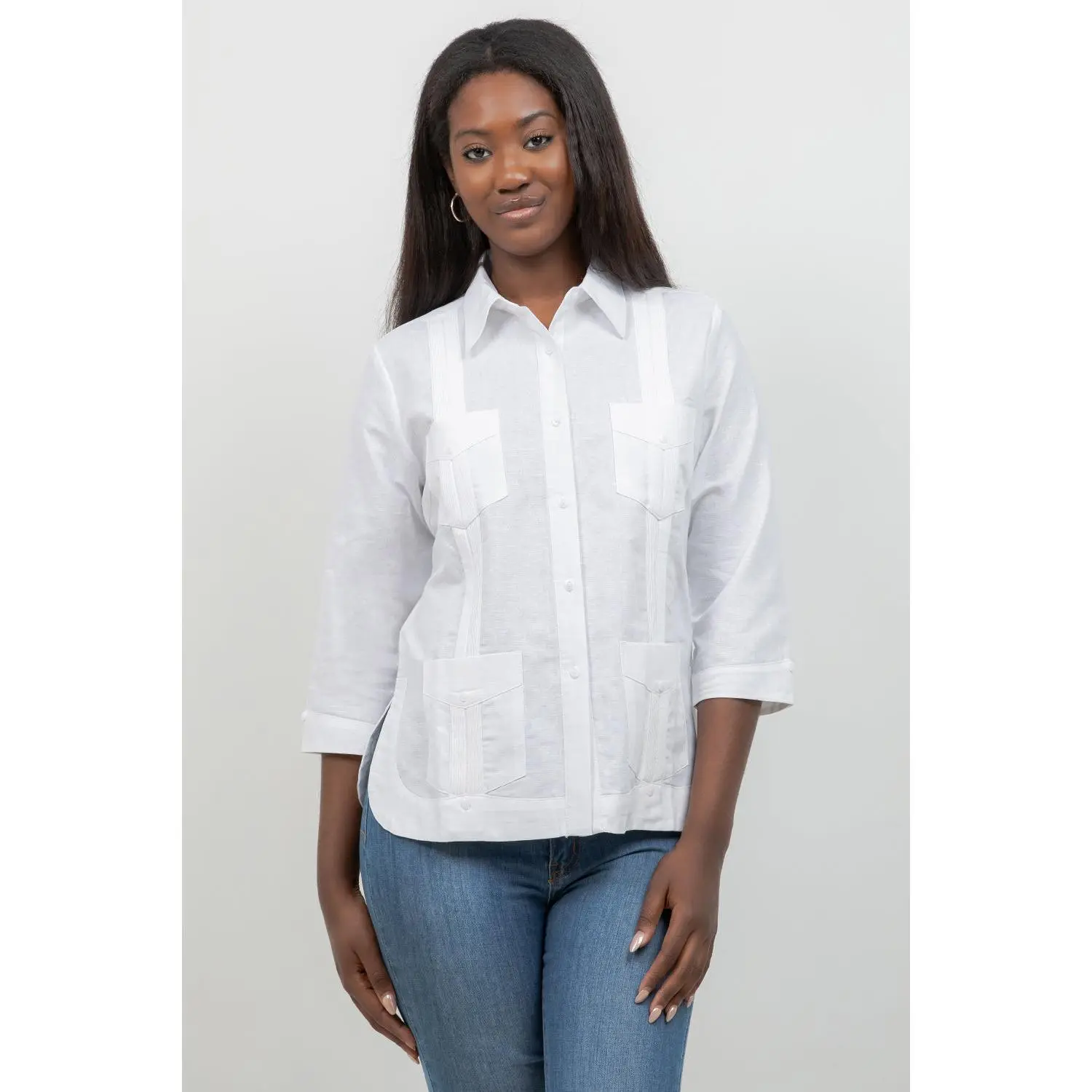 100% Linen Guayabera Shirt 3/4 Sleeve 4 Pocket
