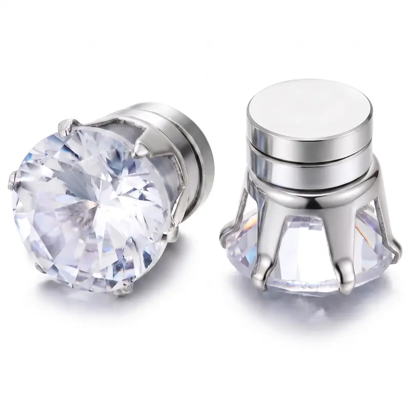 8mm Inlaid Magnetic Artificial Zirconia Earrings - Unisex Polished Stainless Steel Non-Piercing Clip-On Classic Studs for Daily Wear, Cubic Zirconia Accents