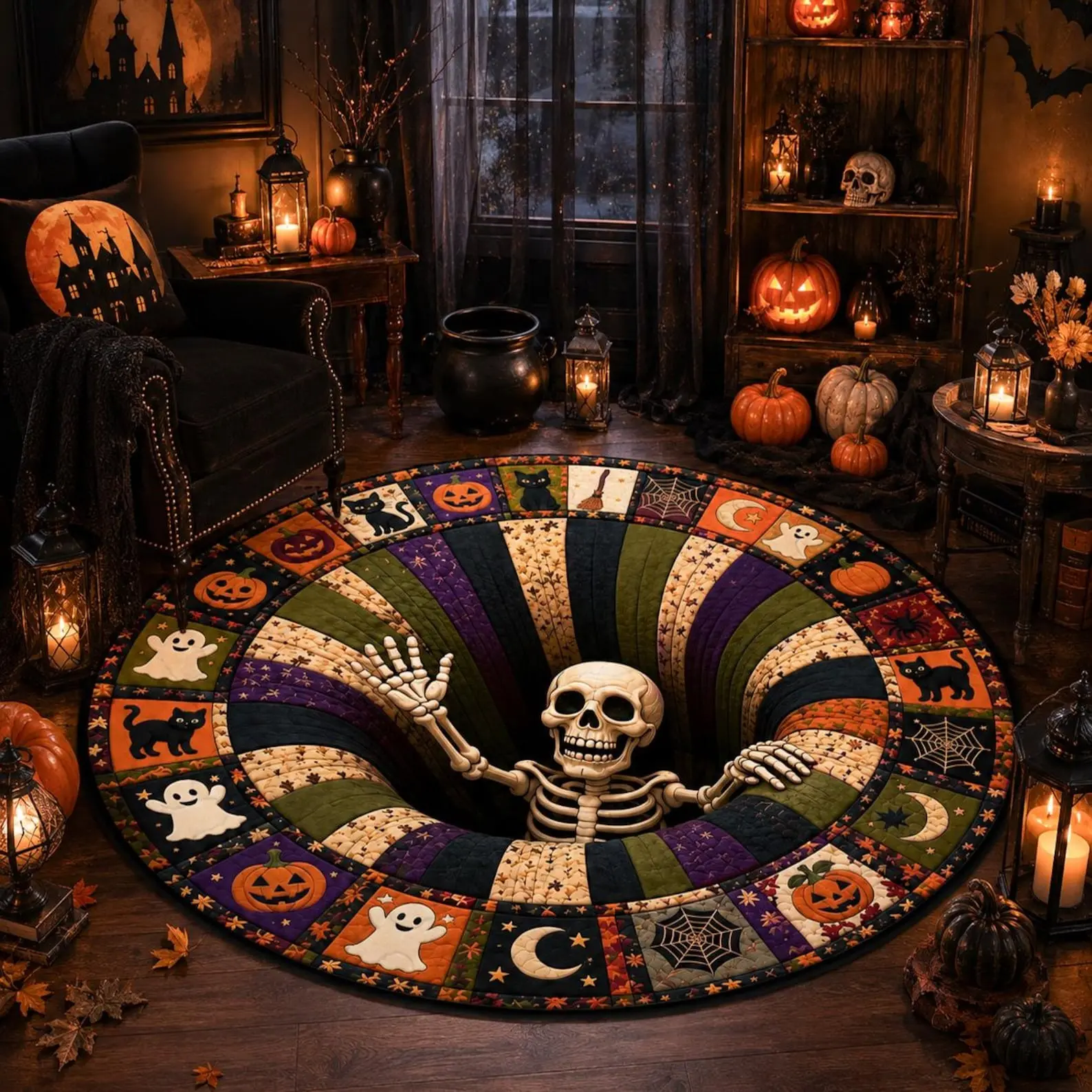 3D Effect Illusion Skull Vortex Quilted Round Rug, Halloween Horror Skeleton Carpet, Quilt Floor Mat, Living Room Bedroom Decor, Spooky Gift