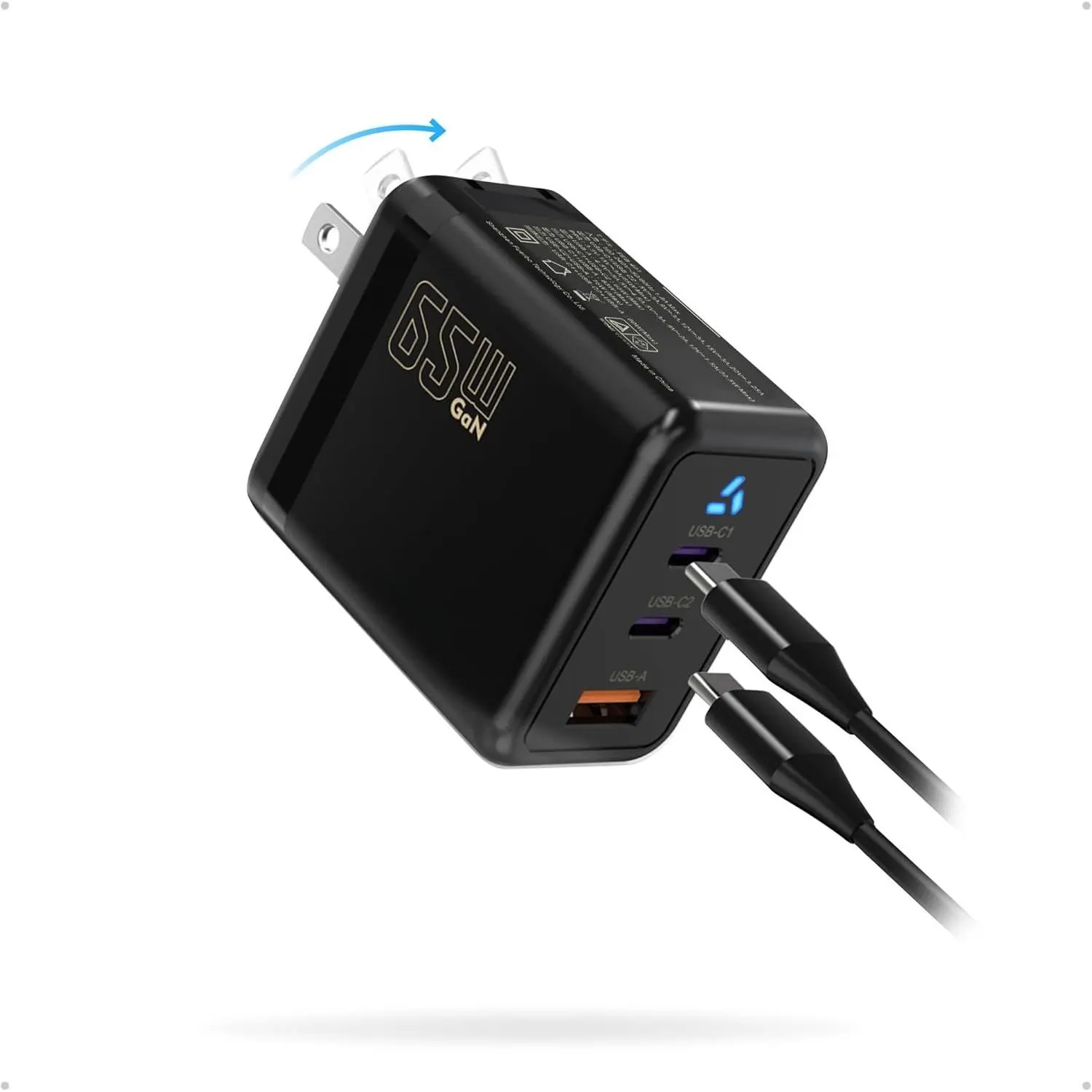 USB C Charger 65W, 3 Ports GaN Fast Charger Block, Compact Foldable Wall Charger with USB-C  for  16 Pro Max, iPad, MacBook Pro/Air,Galaxy S24, XPS 13,Pixel 8 and More (Black)