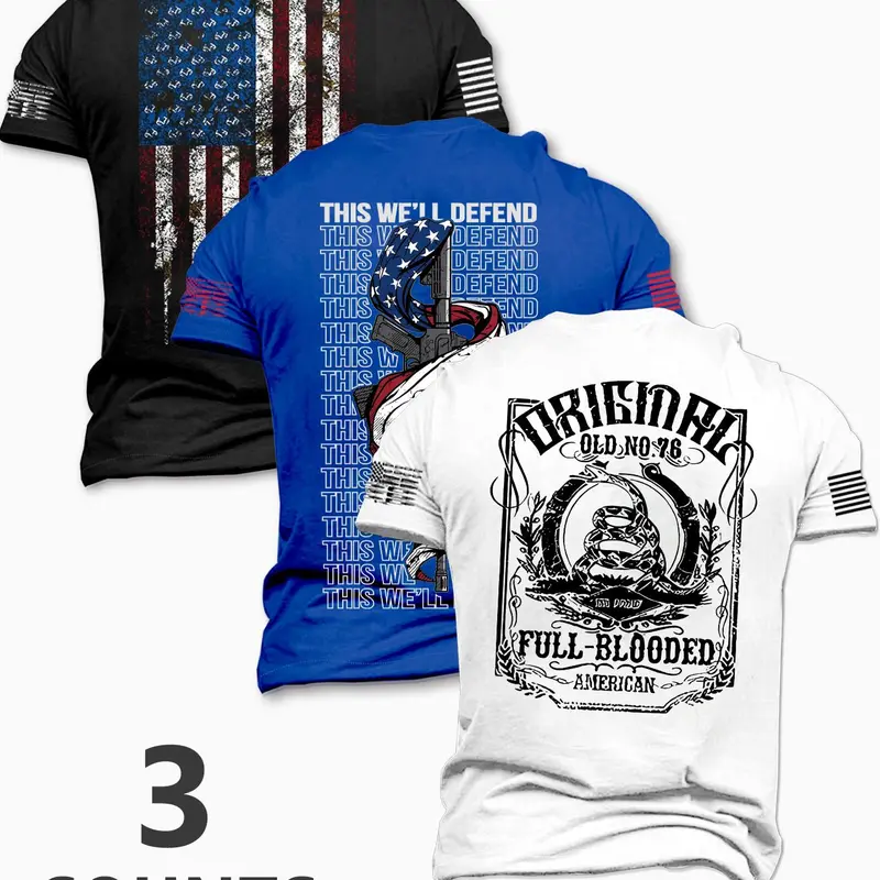 Men's American Flag & Letter Print Short Sleeve Tee, Regular Fit Casual Sporty Round Neck T-shirt for Summer, Men's Top for Daily Wear, Tropical, Athletic Fitted Tee, Fitted Sportswear